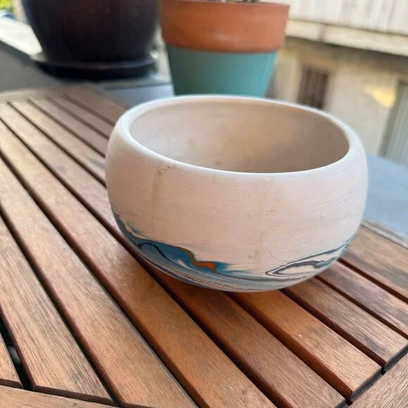 Handmade Nemadji Pottery Bowl With Blue & Orange Swirl Design - Picture 4 of 6